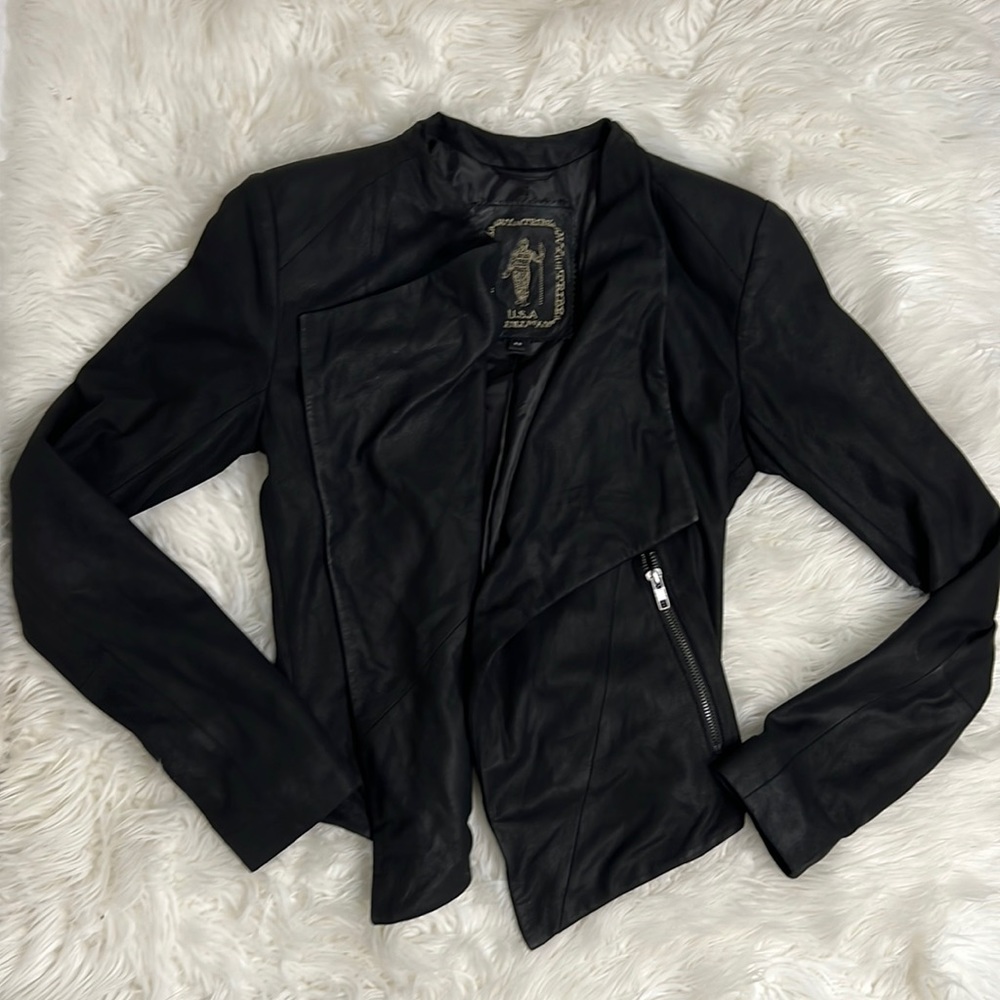 My Tribe | Open Front Waterfall Leather Jacket Long Sleeve in Black XS